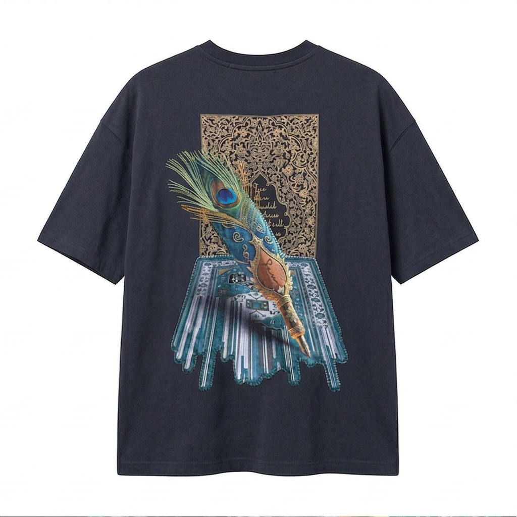 Peacock Feather Oversized Rug Patch T-Shirt