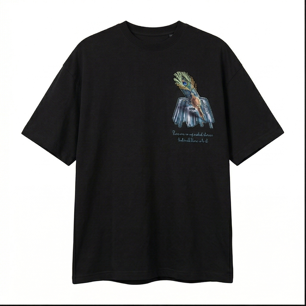 Peacock Feather Oversized Rug Patch T-Shirt