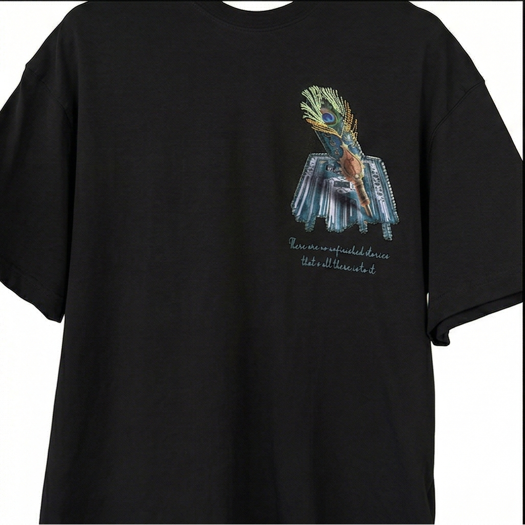 Peacock Feather Oversized Rug Patch T-Shirt
